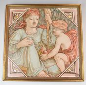 Minton or similar aesthetic period plaque of classical mother and child figures with monogram TEP,
