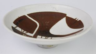 Sheila Casson studio pottery pedestal dish with abstract decoration, diameter 16cm x height 5cm