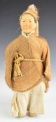 Chinese 'Door of Hope' peasant doll wearing a linen dress, straw work / hessian jacket and purple