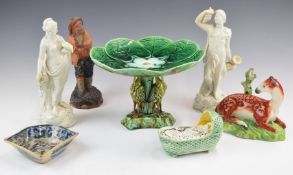 Majolica tazza centrepiece, Staffordshire figures by Neale and Co, terracotta figure in the style of