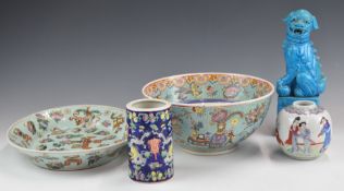 Chinese 19th / 20thC enamelled dish, pedestal bowl, brush washer and Dog of Fo figure