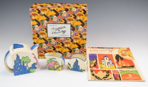 Wedgwood Clarice Cliff Bizarre boxed tea set of teapot, sugar and milk jug, together with a