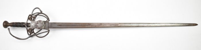 Continental style rapier sword with basket hilt and 90cm fullered blade. PLEASE NOTE ALL BLADED