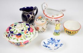 A collection of 19thC ceramics including Meissen pin dish, silver overlaid jug, chocolate pot and