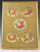 H Ayrton Royal Worcester artist five painted fruit watercolours in one frame, three signed but in