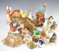 Continental ceramic figures including majolica bear jug, Lomonosov / USSR, half dolls, Goebel,