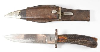 Lund of London horn handled hunting knife with 15cm Bowie blade, sheath and belt attachment.