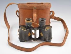 Cased pair of Ross London 6x military binoculars with broad arrow marks, the case also marked and