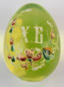 Russian uranium glass egg with enamel 'XB' decoration, 5cm tall excluding stand.