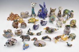 A large collection of Chinese cloisonné birds, animals and fish including elephant, horse, cats,
