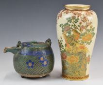 Japanese Satsuma vase and a enamelled pottery teapot, tallest 21cm