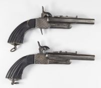 A pair of Spanish double barrelled side by side pinfire hammer action pistols each with chequered
