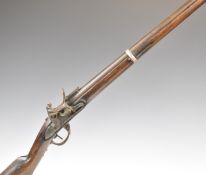 French or similar continental 10 bore flintlock three band musket with indistinctly named lock,