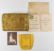 WW1 Princess Mary Christmas tin with card, envelope, photo and empty cigarette packet