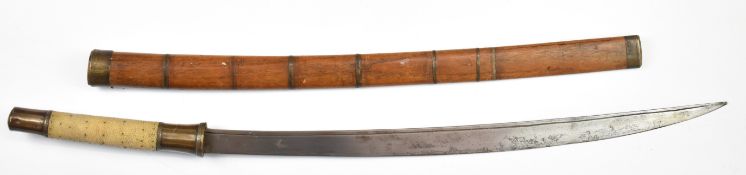 Burmese Dha sword with shagreen handle and brass mounts, 29cm curved blade and scabbard. PLEASE NOTE