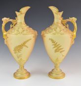Royal Worcester pair of pedestal ewers with gilded fern decoration, height 31cm