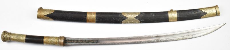 Burmese Dha sword with decorated metal pommel and scabbard mounts with 28cm etched fullered blade.