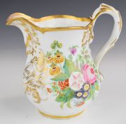 A 19thC porcelain jug decorated with flowers and with script 'Mr P Swaffield, Cleveland Place,