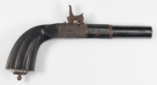 French percussion hammer action pocket pistol with engraved lock, folding trigger and top plate,