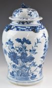 Chinese blue and white covered baluster vase decorated with prunus blossom and ducks, with four mask