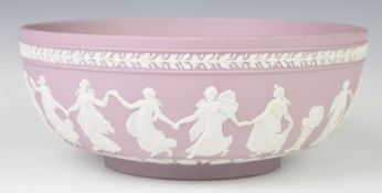 Wedgwood pedestal Jasperware bowl decorated with The Dancing Hours, diameter 26 x height 11cm