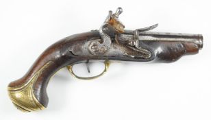 Unnamed flintlock pocket pistol with engraved brass trigger guard and butt cap and mounts and 3.25