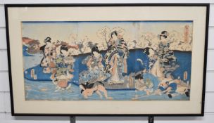 Japanese Meiji period triptych woodblock of a court scene, 36 x 75cm