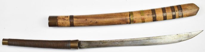 Burmese Dha sword with wire bound handle, 42cm blade and copper banded wooden scabbard