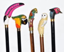 Five walking sticks / canes with bird handles by Il Marchesato and others including a Chinese