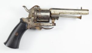 Belgian six-shot pinfire self-cocking revolver with shaped wooden grips, folding trigger and 3.25