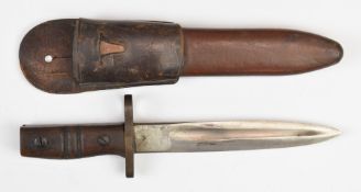 Fighting knife fashioned from a cut down bayonet, with 16cm double edge blade, scabbard and frog.