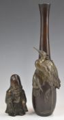 Japanese figural stork bronze vase and a Buddha, tallest 33cm