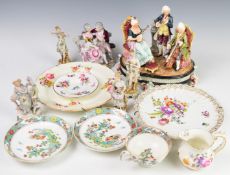 A collection of ceramics including Volkstedt figures, Dresden plate, Royal Crown Derby Posies etc,