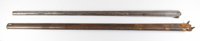 Two pairs of muzzle loading shotgun barrels, the single Damascus part-octagonal barrel stamped 'Fine