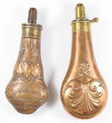 Two G & J W Hawksley copper and brass powder flasks, both with embossed decoration, largest 20.5cm