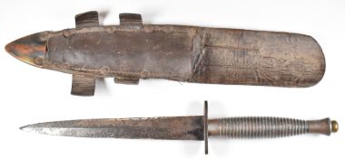 Fairbairn Sykes style fighting knife with 17cm double edged blade and leather sheath. PLEASE NOTE