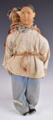Chinese 'Door of Hope' doll wearing blue trousers and white jacket and with a baby on their back,