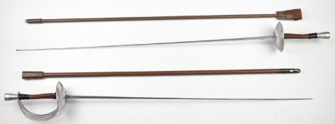 Two Wilkinson Sword fencing foils, both with dish hilts and scabbards, longest blade 88cm. PLEASE