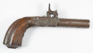 Unnamed percussion hammer action pocket pistol with engraved lock, top plate and folding trigger,