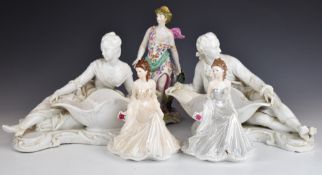 A pair of continental figural sweetmeat dishes, Derby style figurine Juno with peacock and Royal