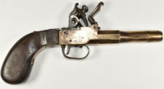 Unnamed flintlock hammer action pocket pistol with brass body marked 'London 1826' and 'JB',