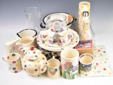 A collection of Emma Bridgewater ceramics and merchandise including apron, teapot, compact, glass,