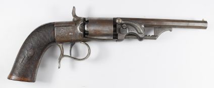 Belgian 80 bore six-shot single-action transitional percussion revolver with engraved frame, top