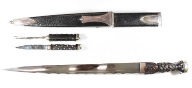 Scottish Dirk with 39cm blade and hallmarked silver mounted sheath, with matching knife and fork.