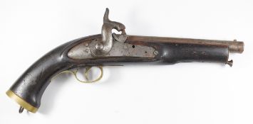 Military style percussion hammer action pistol with brass trigger guard, butt plate and mounts, belt