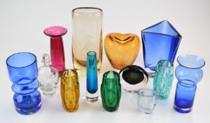 Thirteen pieces of coloured and clear glassware including Orrefors, Whitefriars, Murano, LSA,