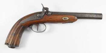 Belgian percussion hammer action holster pistol with engraved lock, hammer, top plate, trigger guard