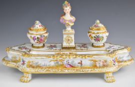 Meissen style porcelain figural inkwell or standish decorated with Watteau scenes, with blue crossed
