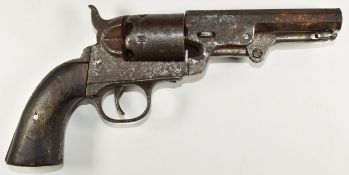 Colt style 5-shot single action revolver with shaped wooden grips and 4.25 inch engraved and