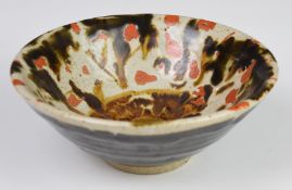 John Maltby (1936-2020) studio pottery pedestal stoneware bowl with orange and brown mottled